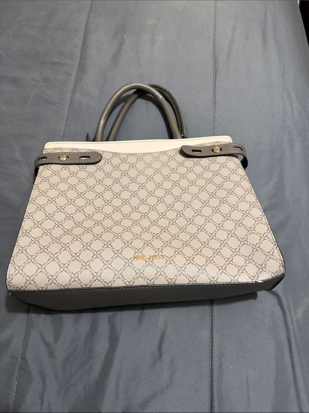 Nine West Beige Patterned Tote with Dark Brown Trim